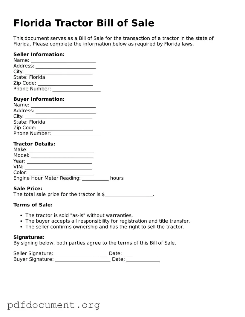 Blank Tractor Bill of Sale Form for Florida State