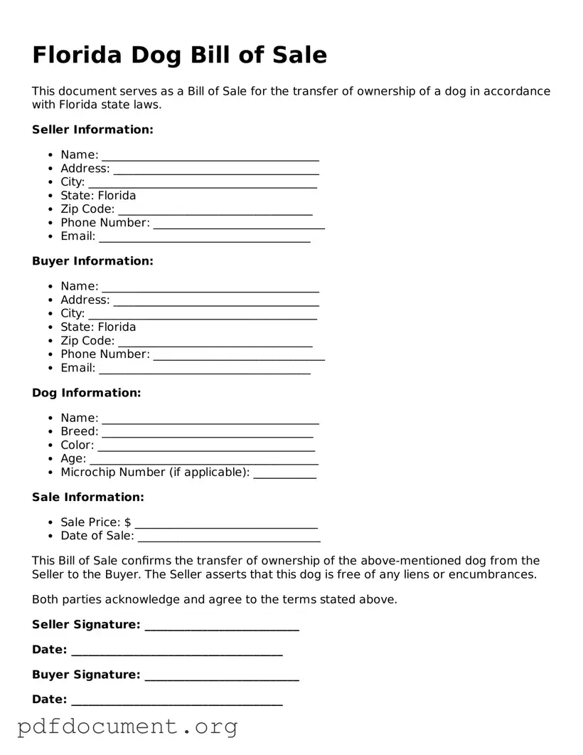 Blank Dog Bill of Sale Form for Florida State