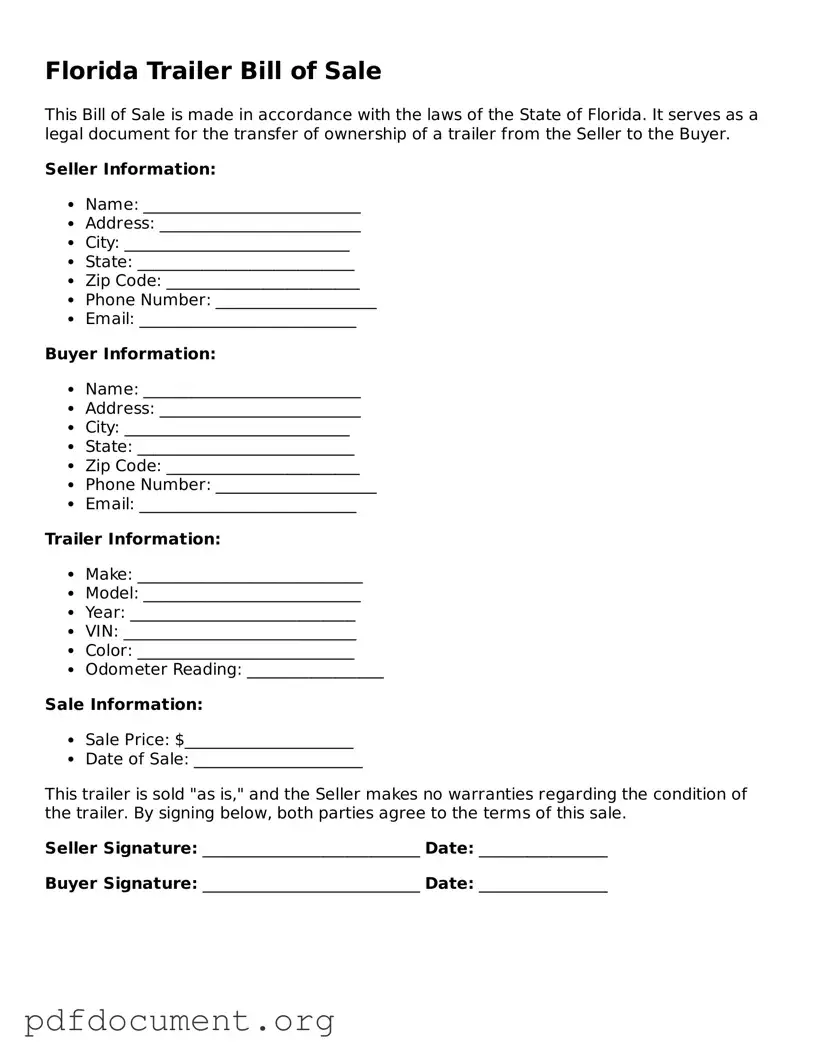 Blank Trailer Bill of Sale Form for Florida State