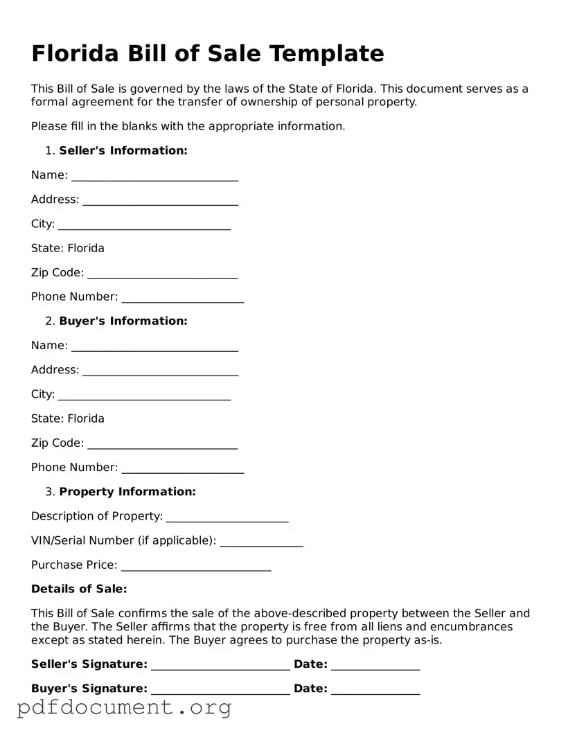 Blank Bill of Sale Form for Florida State