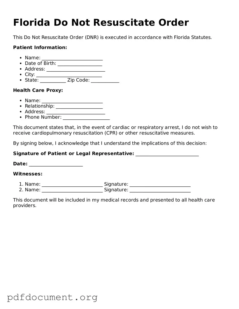 Blank Do Not Resuscitate Order Form for Florida State