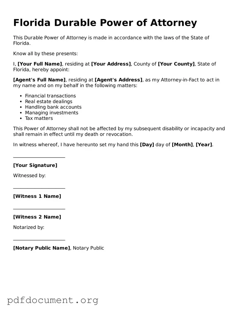Blank Durable Power of Attorney Form for Florida State