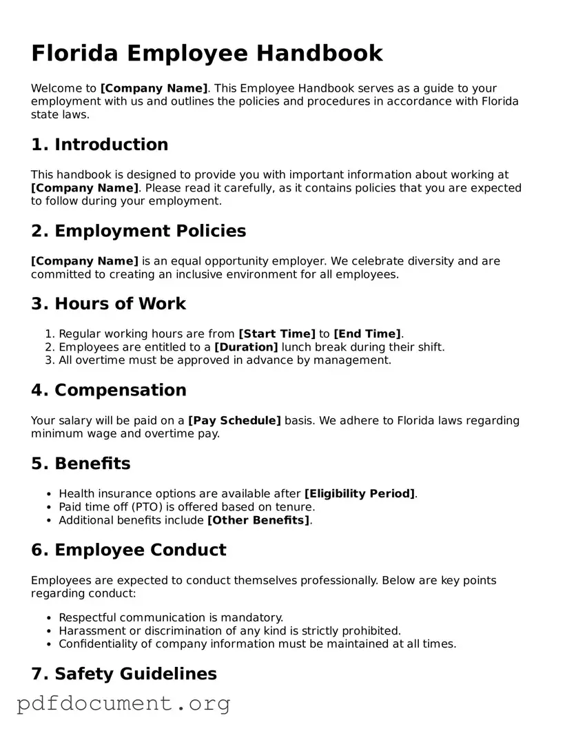 Blank Employee Handbook Form for Florida State