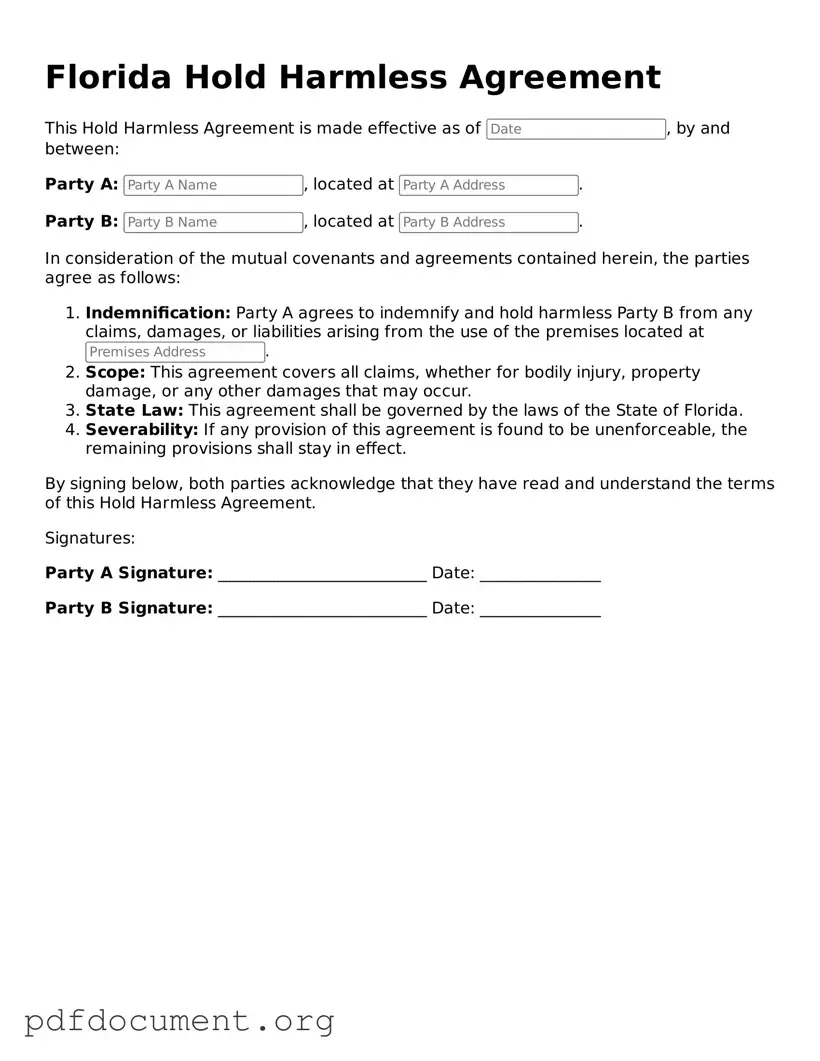 Blank Hold Harmless Agreement Form for Florida State
