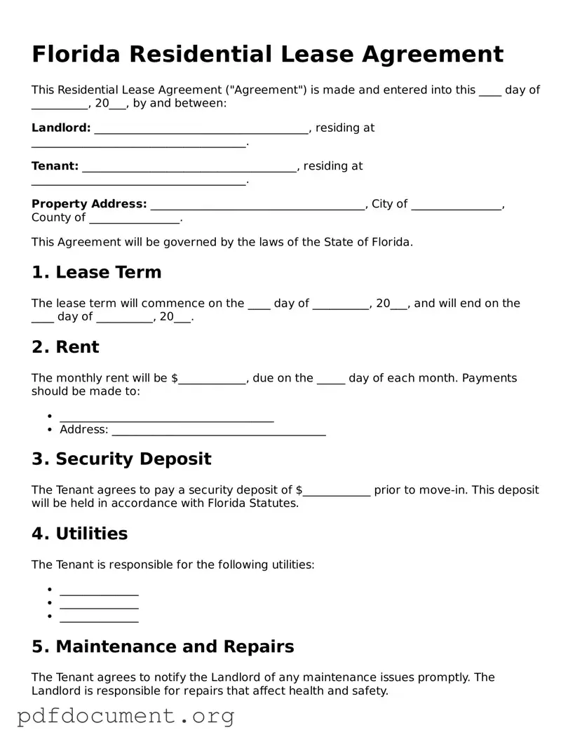 Blank Residential Lease Agreement Form for Florida State