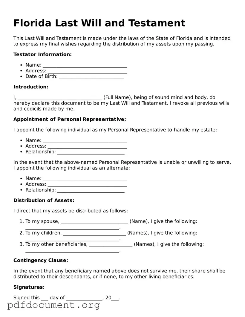 Blank Last Will and Testament Form for Florida State