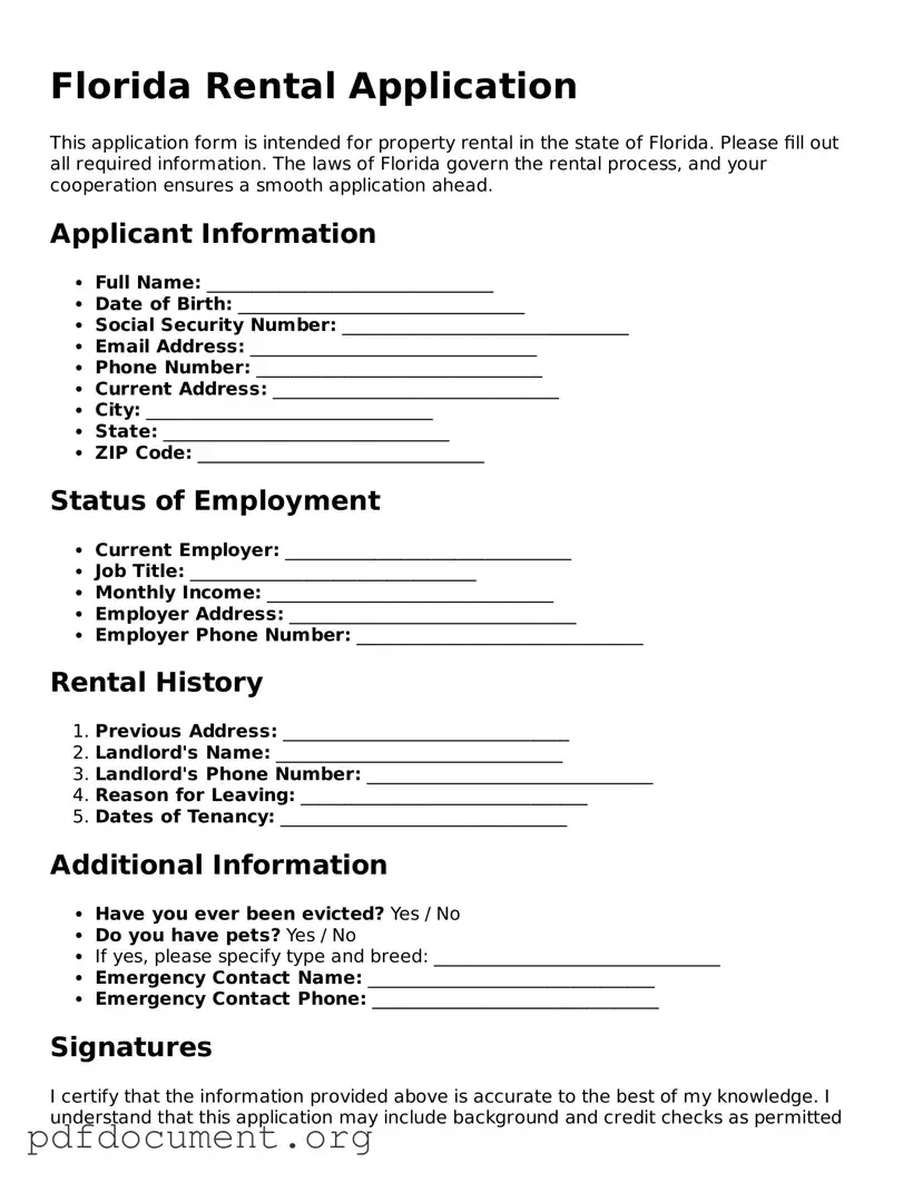 Blank Rental Application Form for Florida State