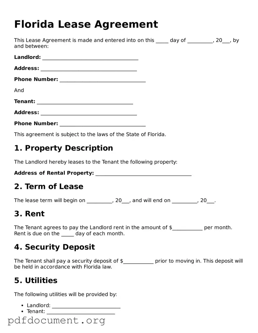 Blank Lease Agreement Form for Florida State