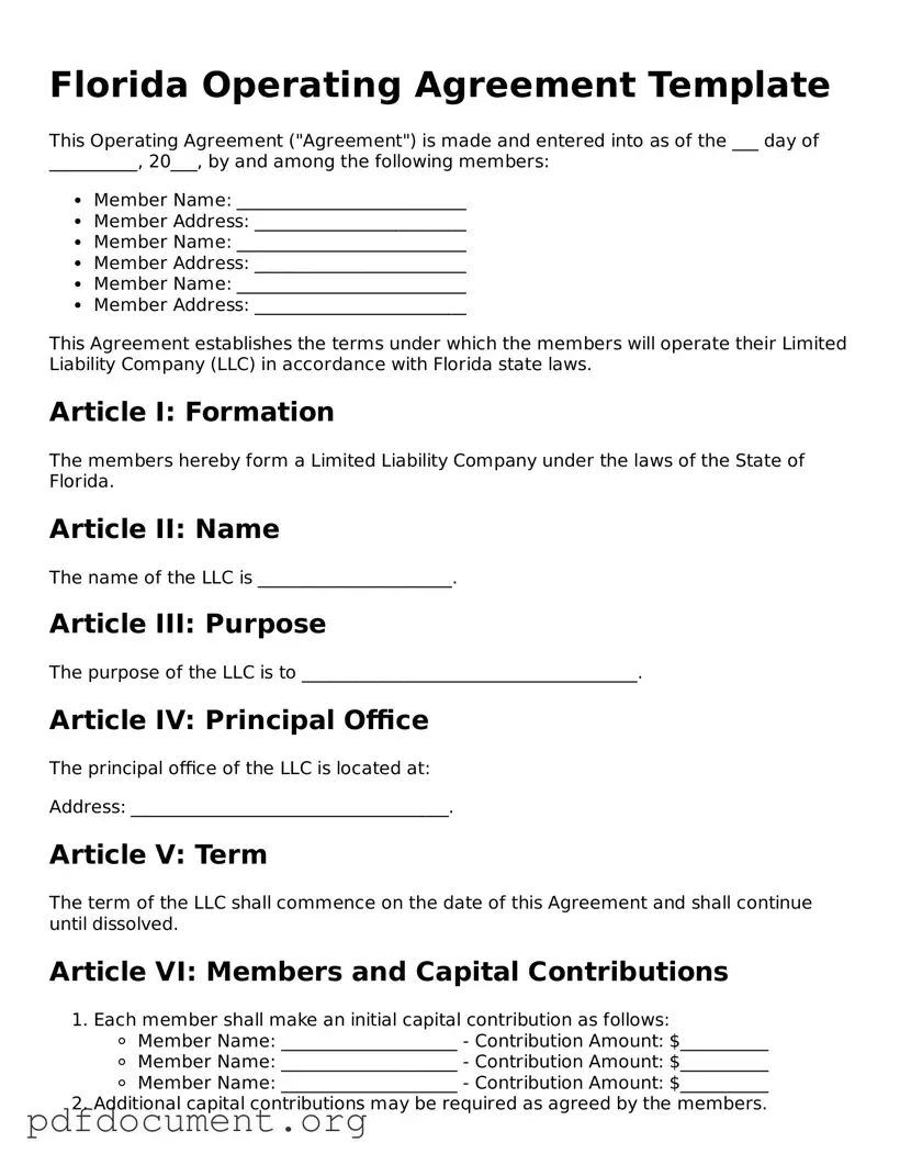 Blank Operating Agreement Form for Florida State