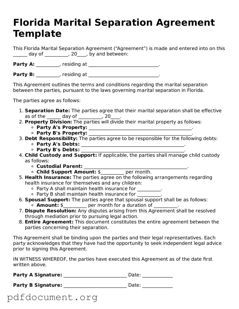 Blank Marital Separation Agreement Form for Florida State