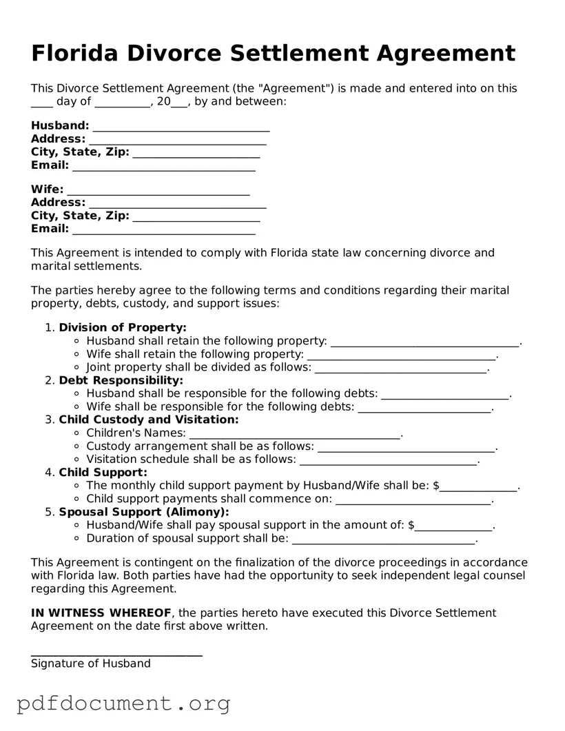 Blank Divorce Settlement Agreement Form for Florida State