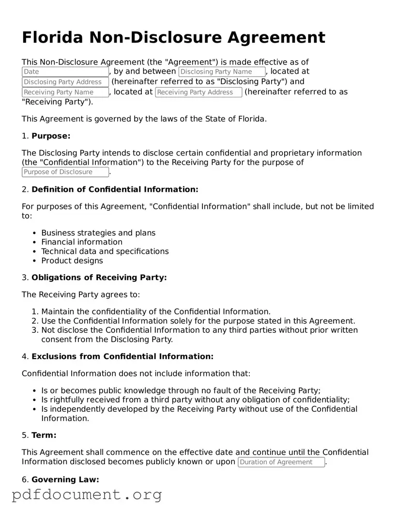 Blank Non-disclosure Agreement Form for Florida State