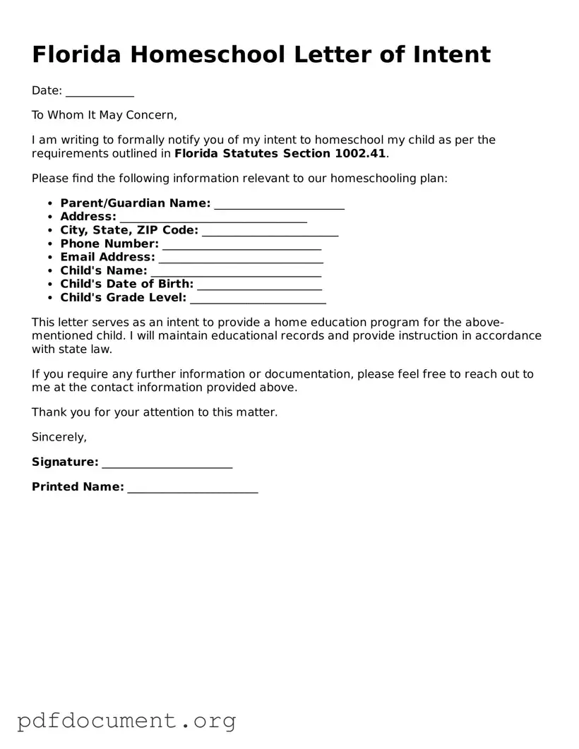 Blank Homeschool Letter of Intent Form for Florida State