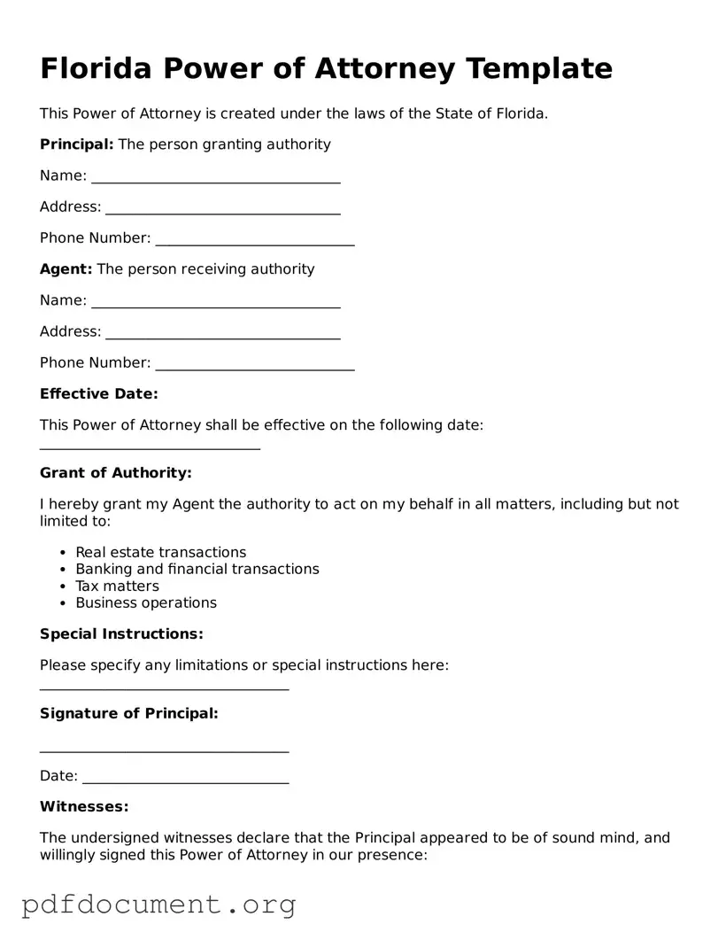 Blank Power of Attorney Form for Florida State