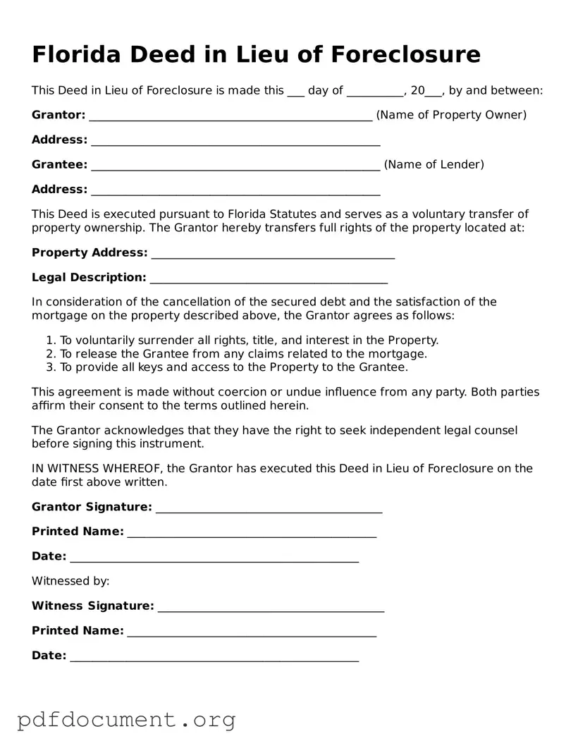 Blank Deed in Lieu of Foreclosure Form for Florida State