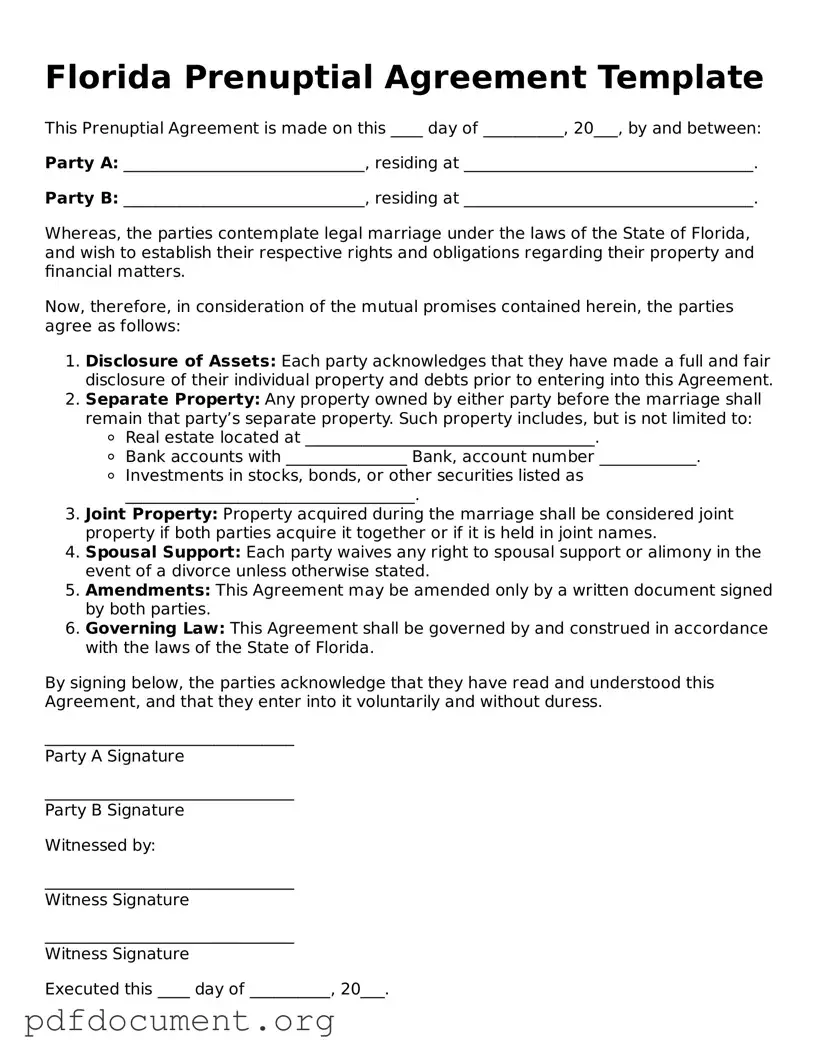 Blank Prenuptial Agreement Form for Florida State