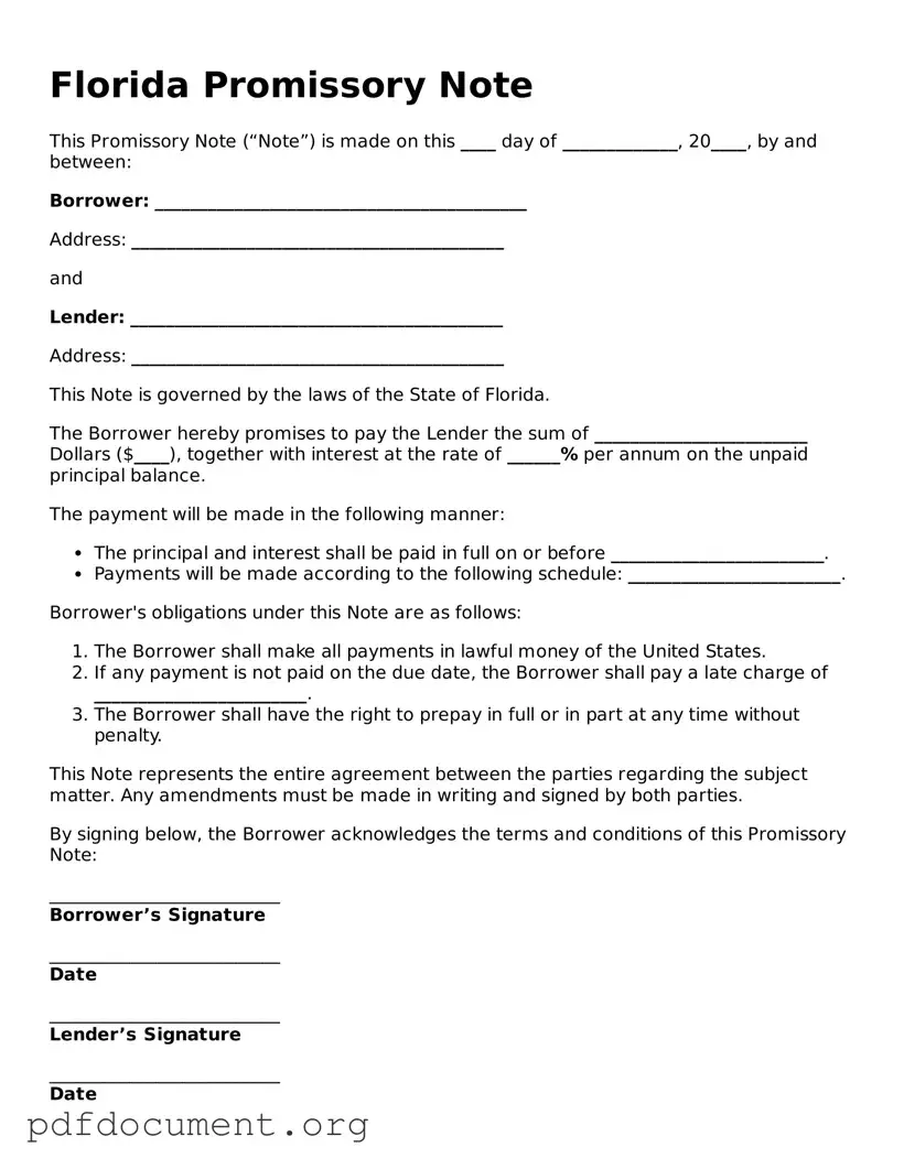 Blank Promissory Note Form for Florida State