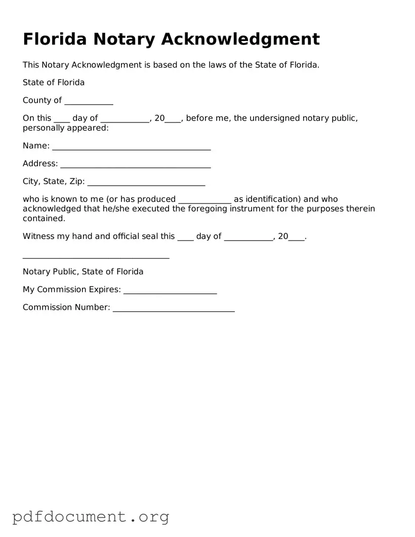 Blank Notary Acknowledgement Form for Florida State
