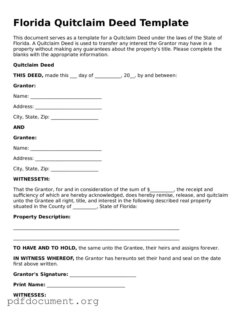 Blank Quitclaim Deed Form for Florida State