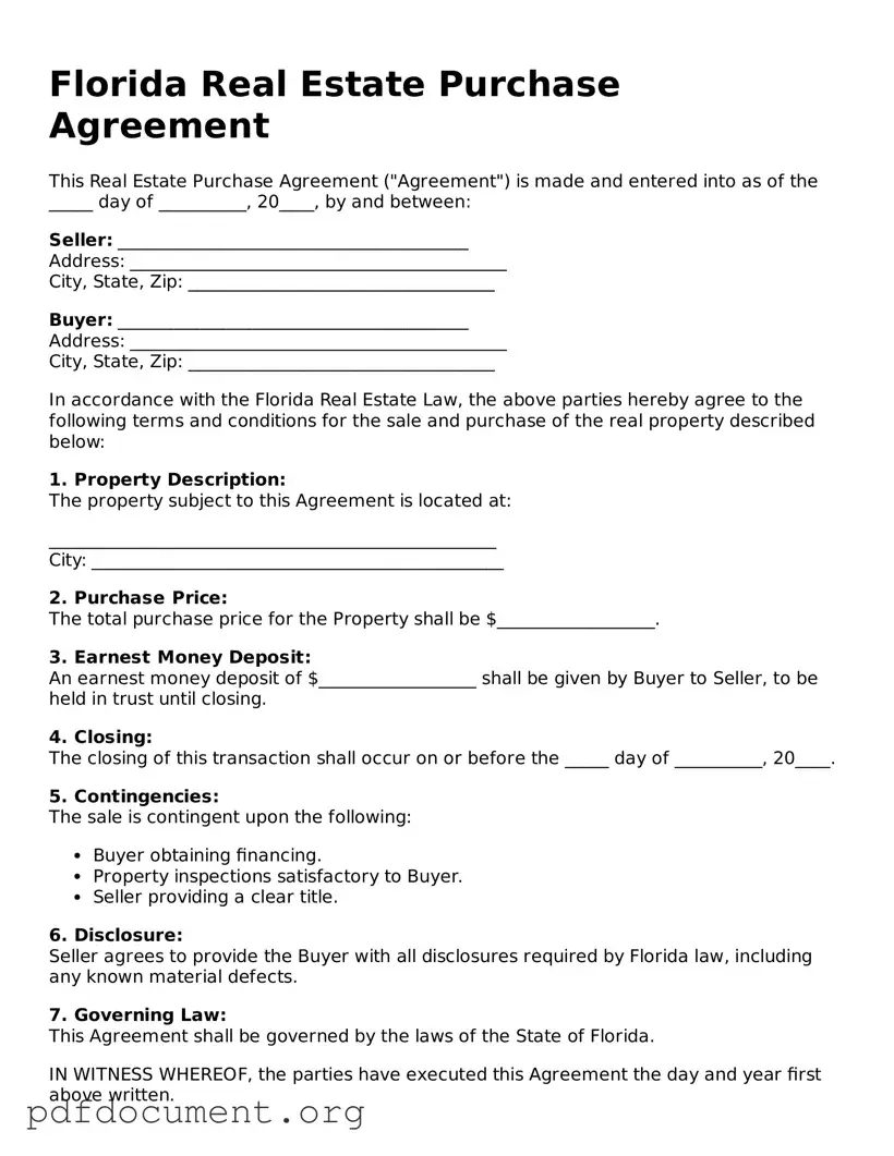 Blank Real Estate Purchase Agreement Form for Florida State