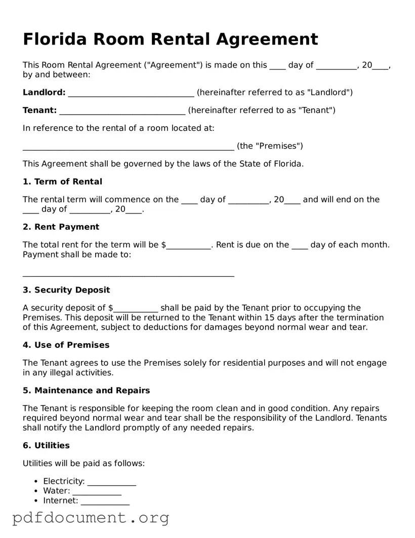 Blank Room Rental Agreement Form for Florida State