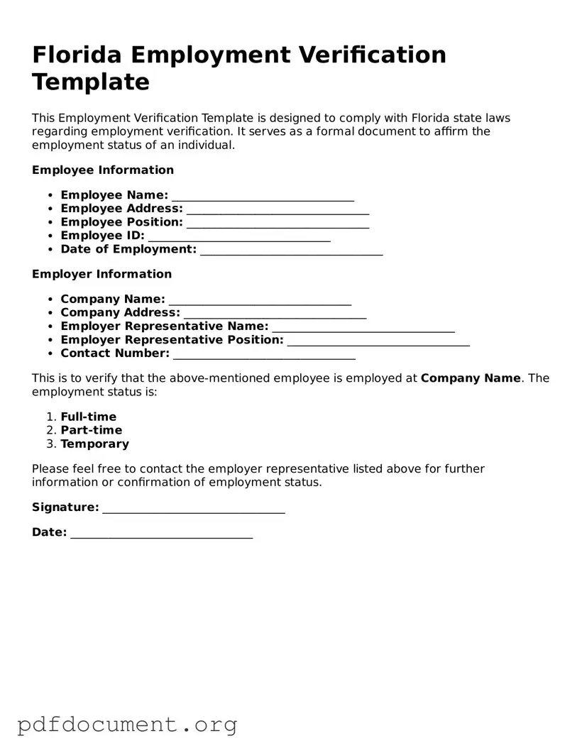 Blank Employment Verification Form for Florida State