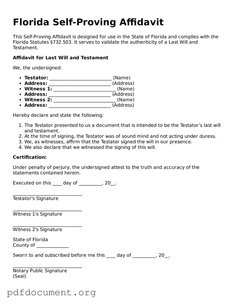 Blank Self-Proving Affidavit Form for Florida State