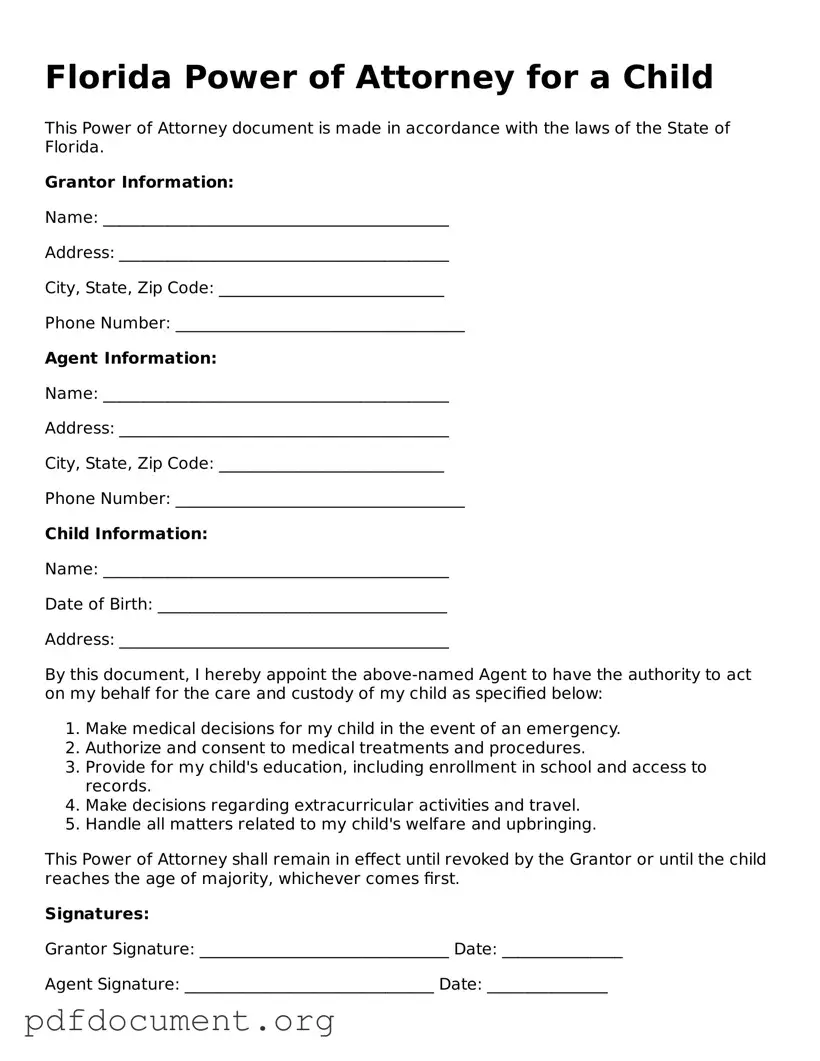 Blank Power of Attorney for a Child Form for Florida State
