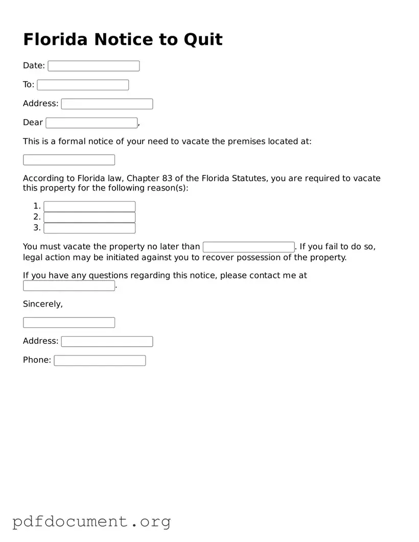 Blank Notice to Quit Form for Florida State