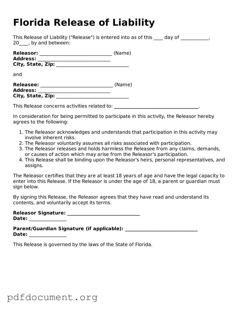 Blank Release of Liability Form for Florida State