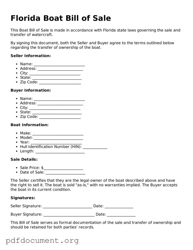 Blank Boat Bill of Sale Form for Florida State