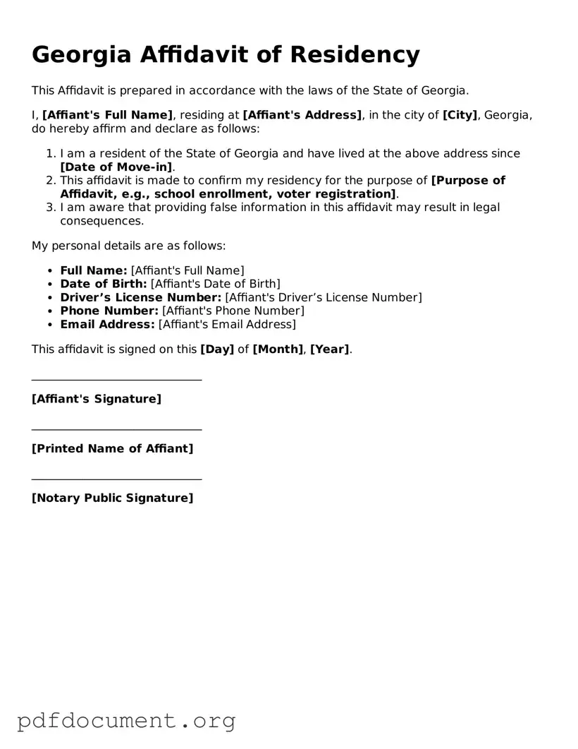 Blank Affidavit of Residency Form for Georgia State