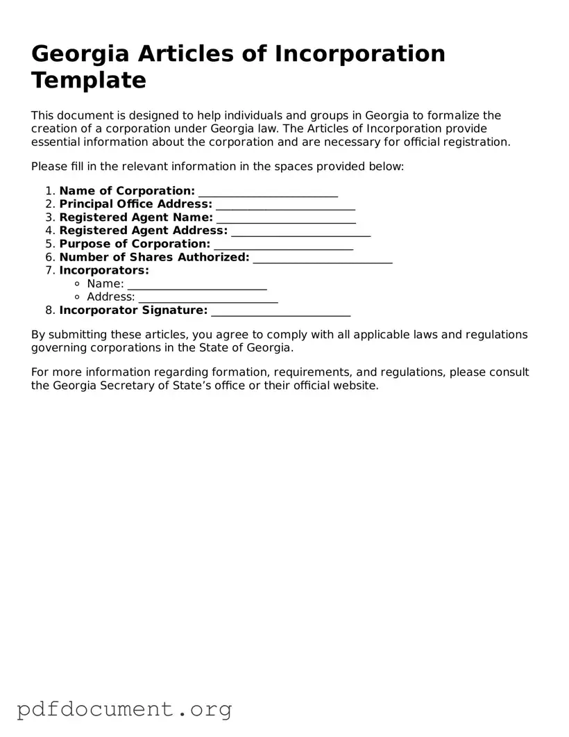 Blank Articles of Incorporation Form for Georgia State