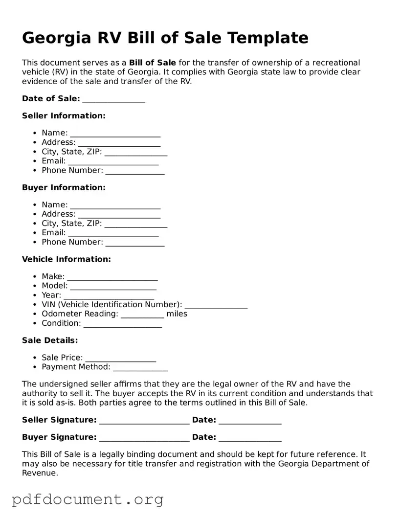 Blank RV Bill of Sale Form for Georgia State