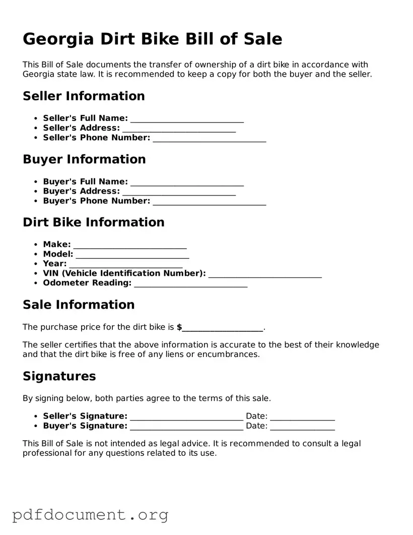 Blank Dirt Bike Bill of Sale Form for Georgia State
