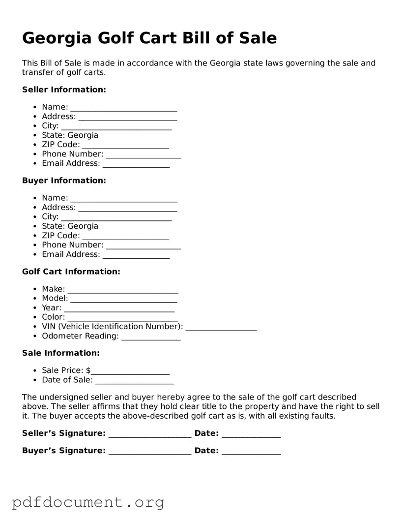 Blank Golf Cart Bill of Sale Form for Georgia State