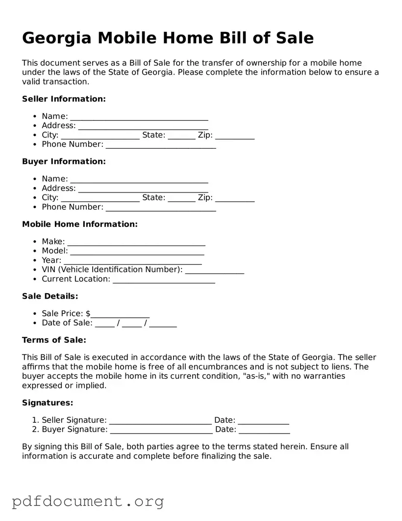 Blank Mobile Home Bill of Sale Form for Georgia State