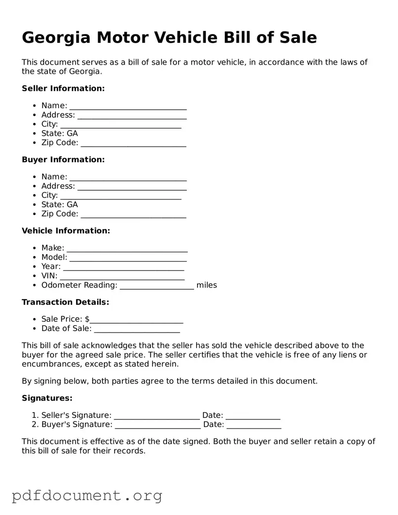 Blank Motor Vehicle Bill of Sale Form for Georgia State