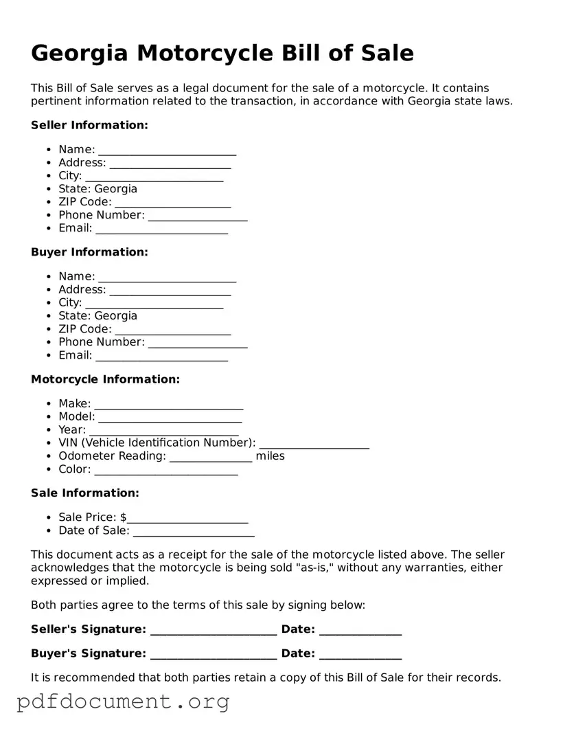 Blank Motorcycle Bill of Sale Form for Georgia State