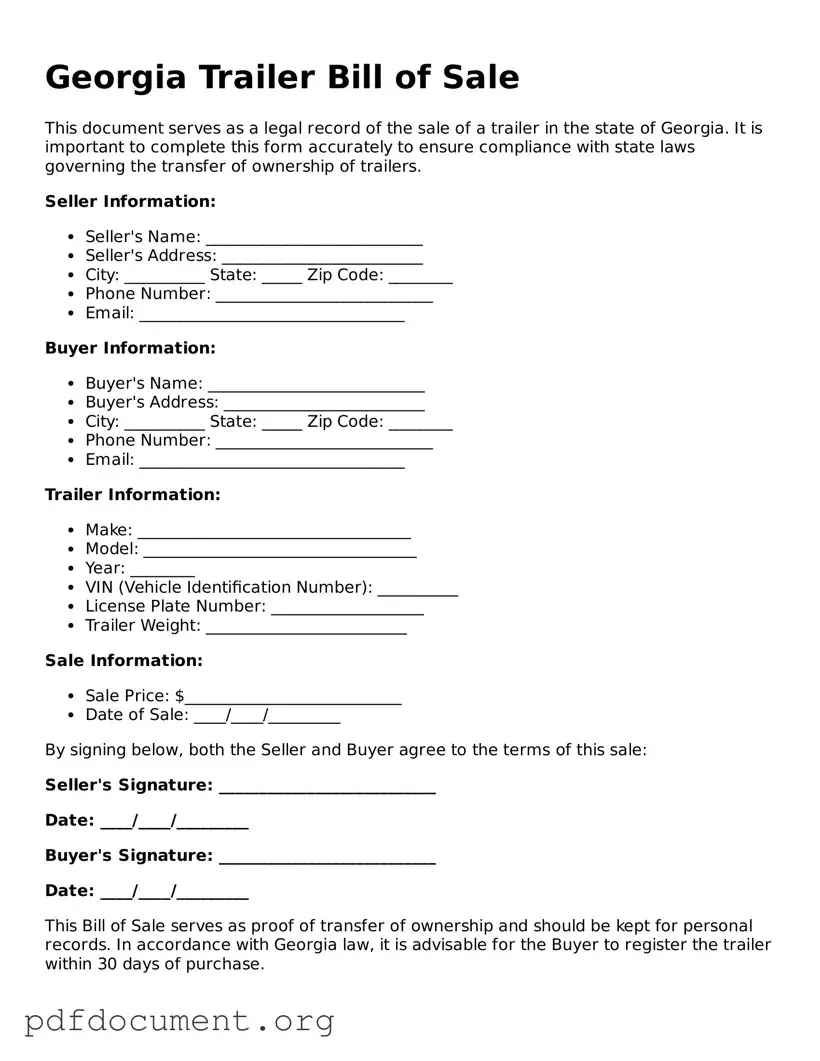 Blank Trailer Bill of Sale Form for Georgia State