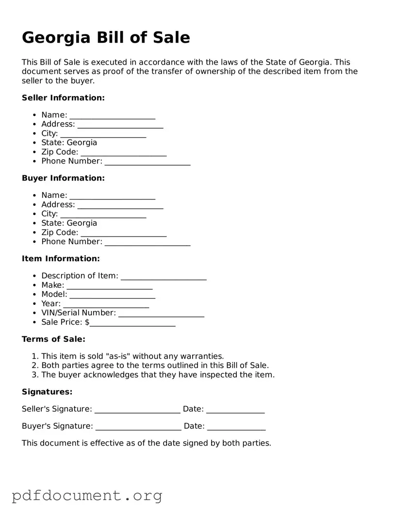 Blank Bill of Sale Form for Georgia State