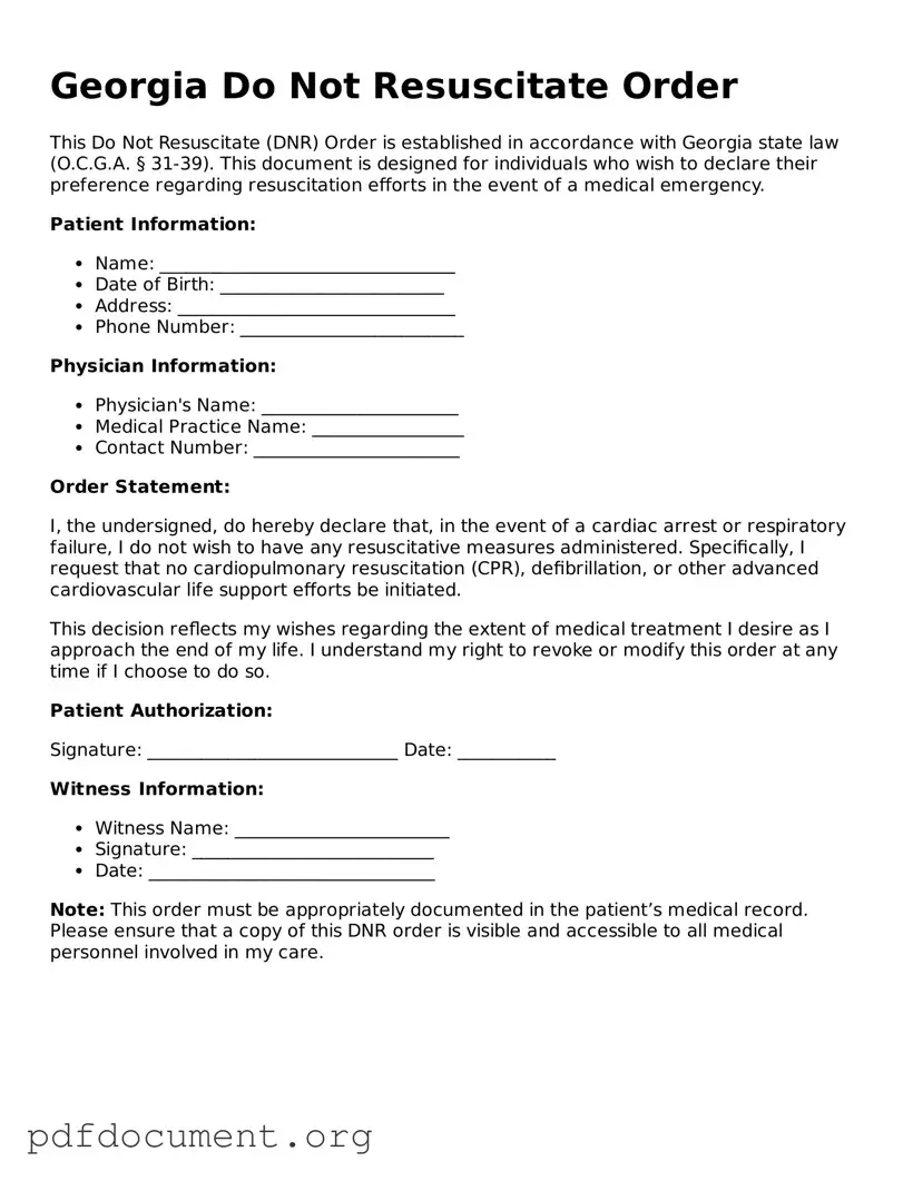 Blank Do Not Resuscitate Order Form for Georgia State