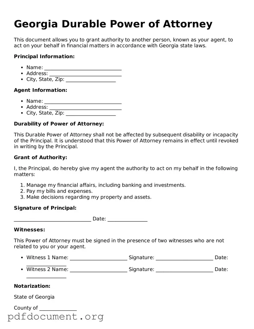 Blank Durable Power of Attorney Form for Georgia State
