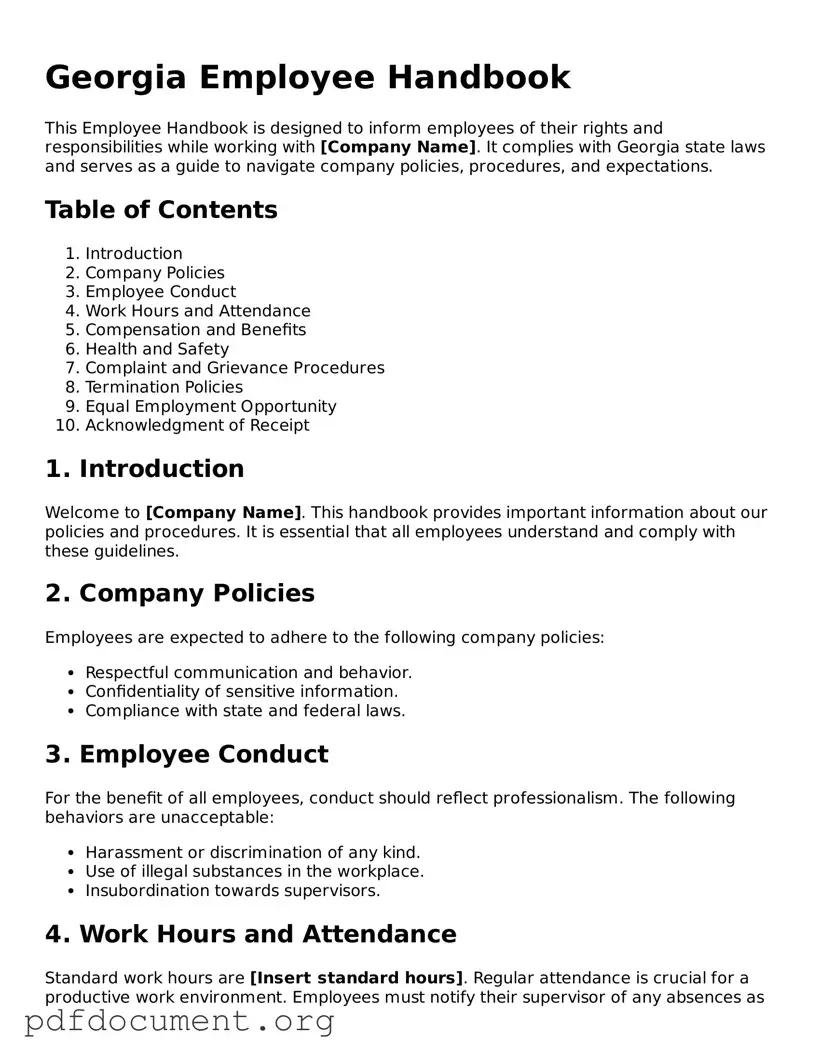 Blank Employee Handbook Form for Georgia State