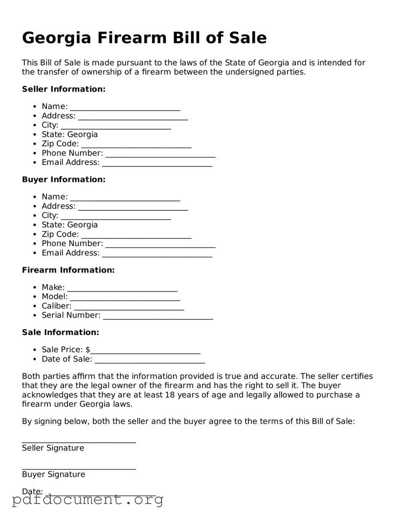 Blank Firearm Bill of Sale Form for Georgia State