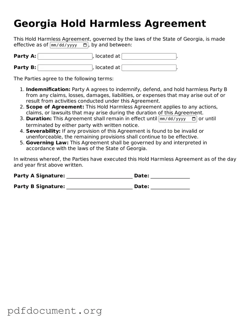 Blank Hold Harmless Agreement Form for Georgia State