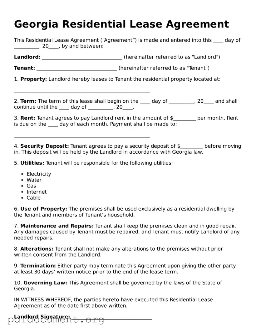 Blank Residential Lease Agreement Form for Georgia State