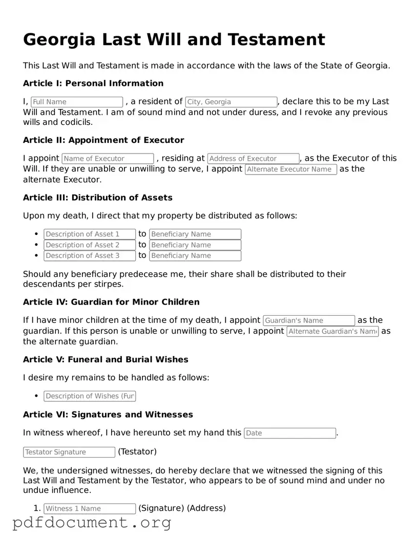 Blank Last Will and Testament Form for Georgia State