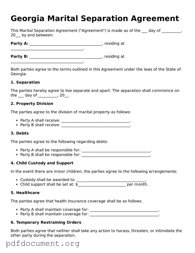 Blank Marital Separation Agreement Form for Georgia State