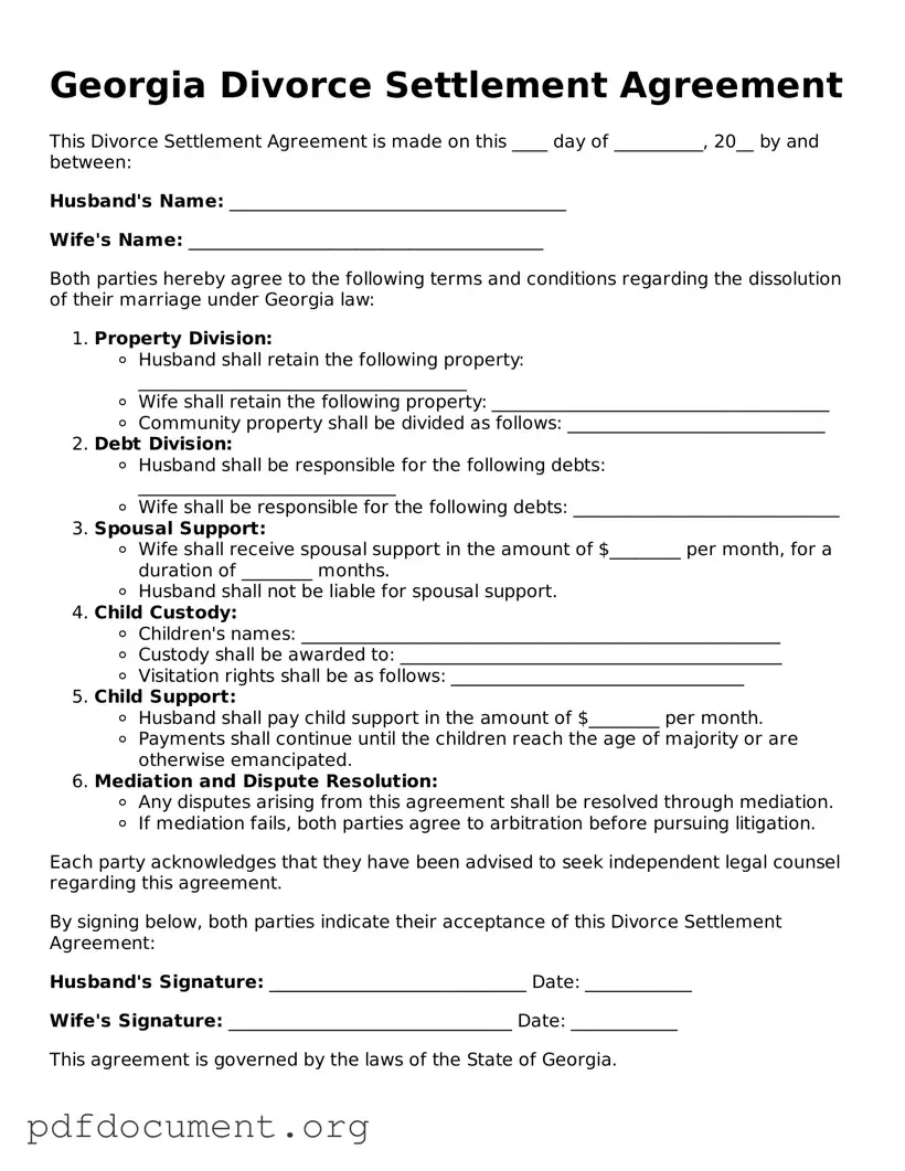 Blank Divorce Settlement Agreement Form for Georgia State